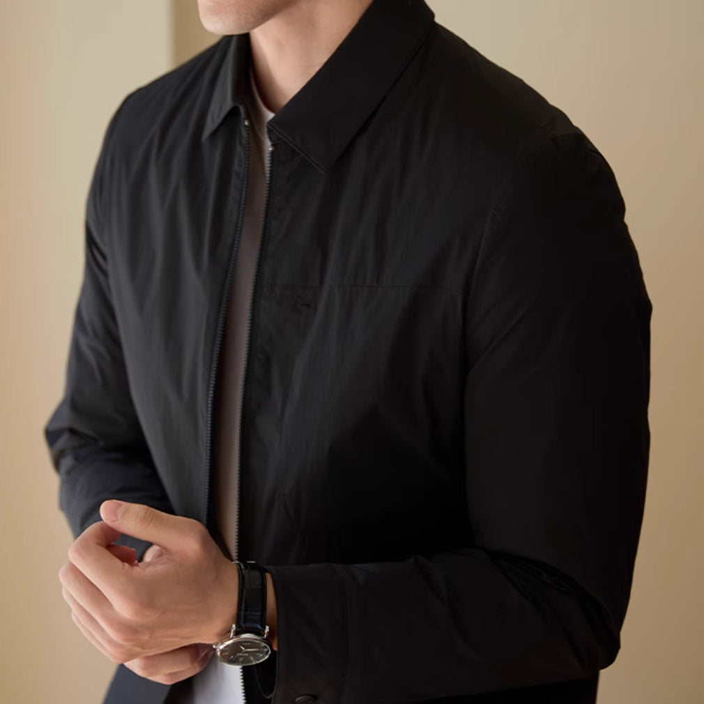 Front view of the men’s short goose down jacket with lapel in black