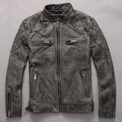 Full-body view of the leather jacket in grey, styled for a casual outing.