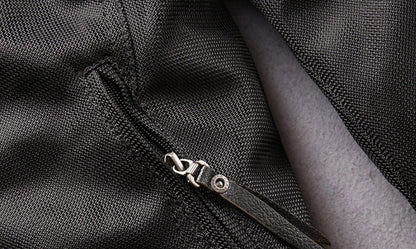 Detailed size chart for men's genuine leather motorcycle jacket in sizes M to XXXL.