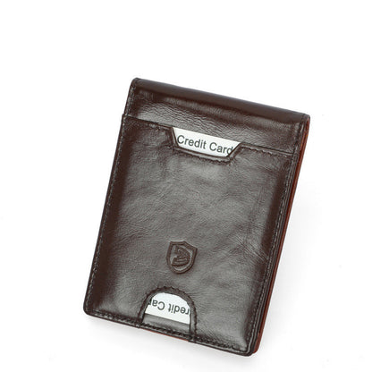 RFID leather wallet for men styled with accessories in a modern business setting.