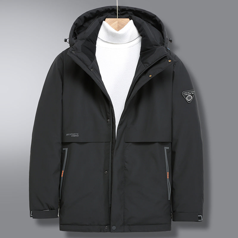 Front view of a men's thick hooded down jacket in haze blue, warm and stylish for winter.