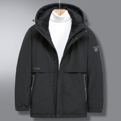 Front view of a men's thick hooded down jacket in haze blue, warm and stylish for winter.