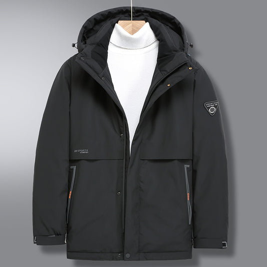 Front view of a men's thick hooded down jacket in haze blue, warm and stylish for winter.