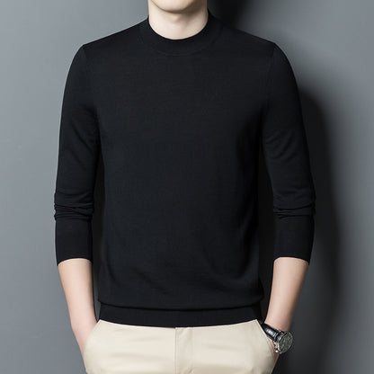 Man styled in camel-colored crew neck sweater made of cashmere
