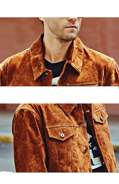 Male model wearing brown leather biker jacket – front view