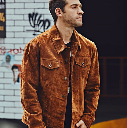 Man outdoors wearing pigskin leather biker jacket in brown