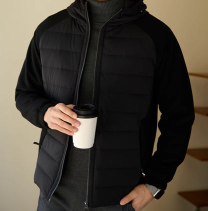 Man wearing the modern down jacket in an outdoor setting, showcasing its urban style