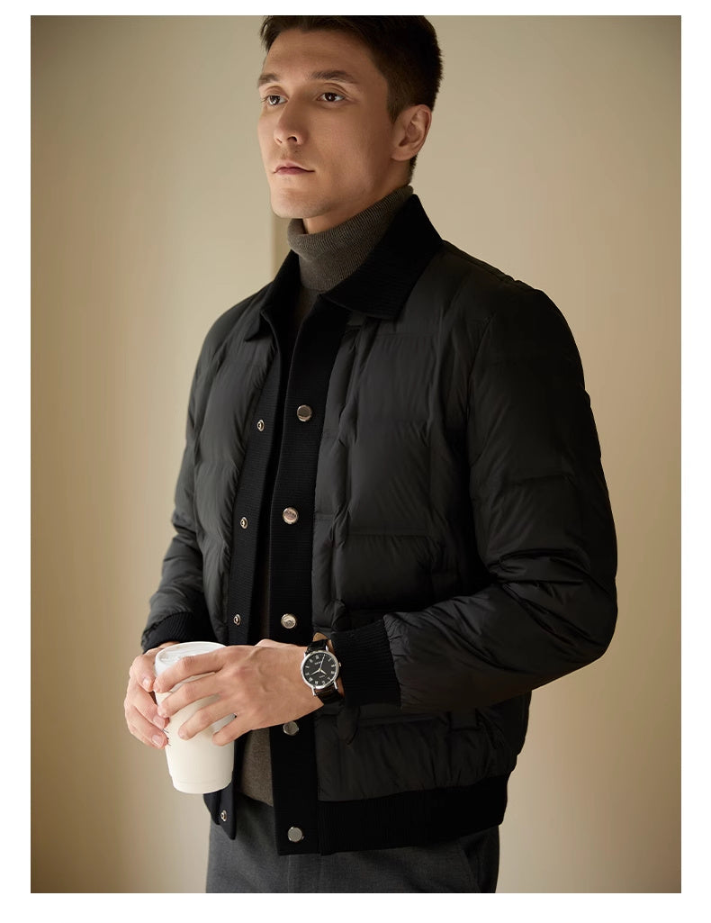 Male model wearing the patchwork short coat in an urban city street setting