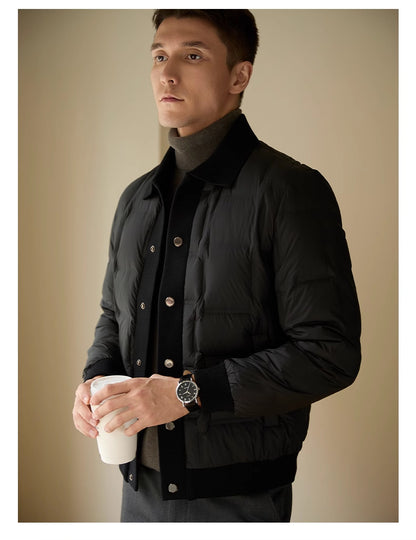 Male model wearing the patchwork short coat in an urban city street setting