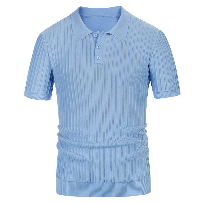 Male model wearing blue summer sweater with fitted silhouette