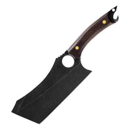 Black titanium tactical knife with a feather-inspired multifunctional blade.