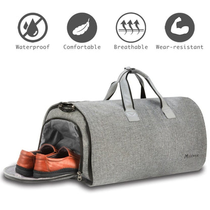 Garment bag fully opened with suit hanging inside, ready for use