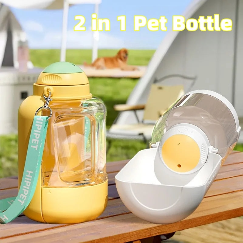 Dog drinking from a white 2-in-1 water bottle with integrated food container.