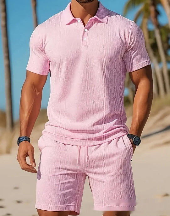 Close-up of high quality fabric RX Style 2 polo shirt and shorts set