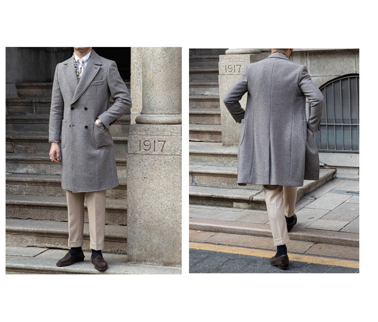 Grey wool coat with notched lapel and double-breasted buttons, a timeless addition to any wardrobe.