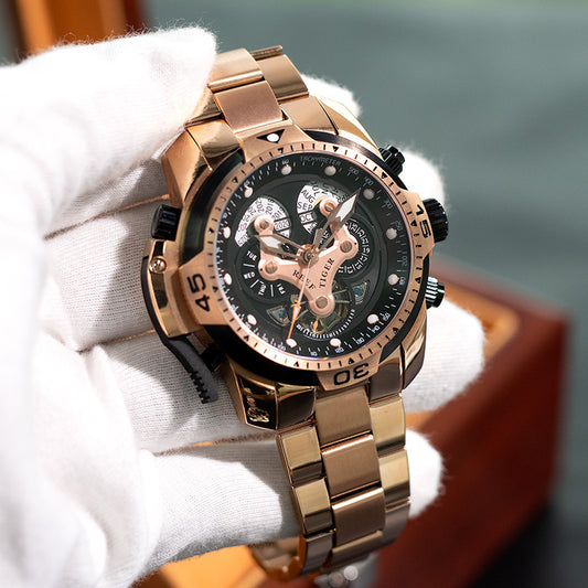 Rosé gold watch with a black face and gold accents, elegantly held by a jeweler wearing white gloves, showcasing its luxurious craftsmanship.