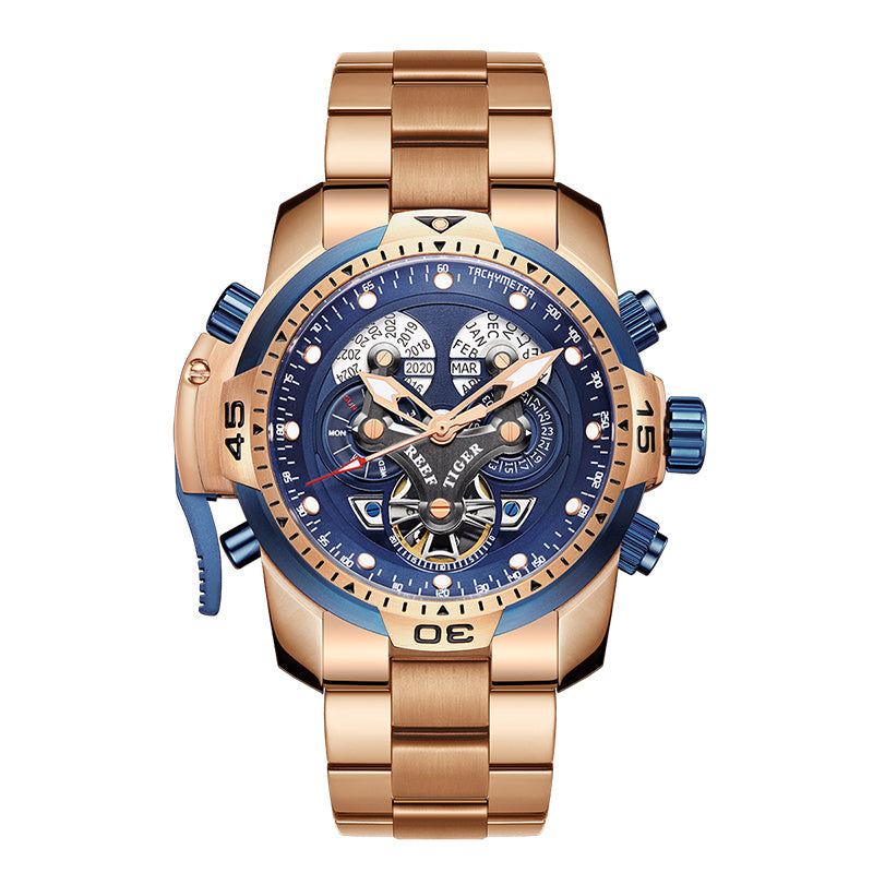 Rosé gold watch with a blue back and intricate detailing, displayed on a clean white background for a sleek and modern presentation.