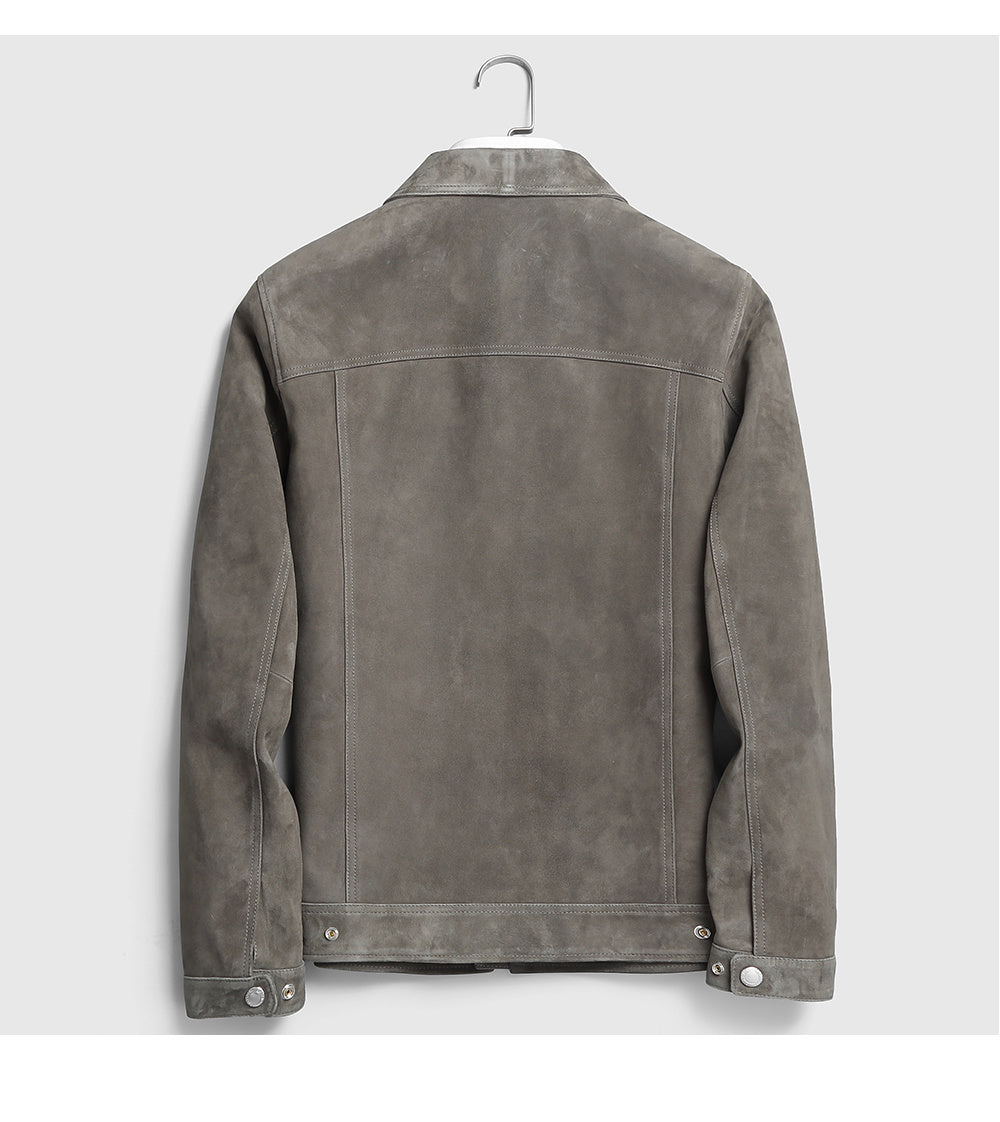 Side profile of men’s spring lambskin suede jacket in graphite