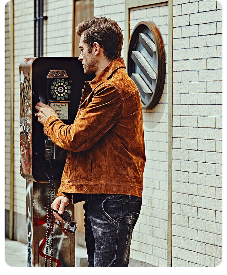 Side profile of classic American leather biker jacket in brown