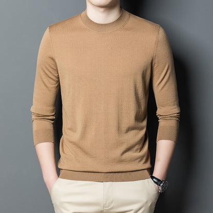 Profile shot of green solid cashmere sweater worn by male model