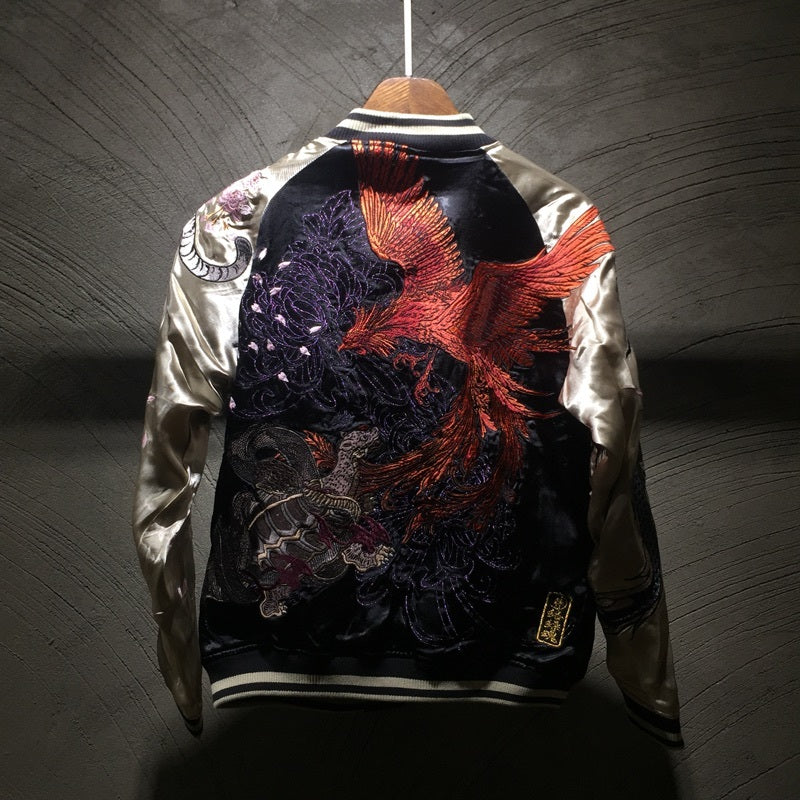 Side angle of black and gold satin bomber with dragon embroidery