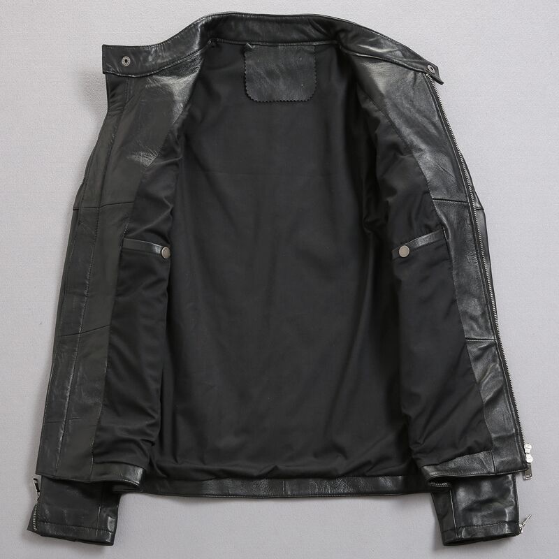 Side view of the leather jacket showing the side seam pocket and sleek design.