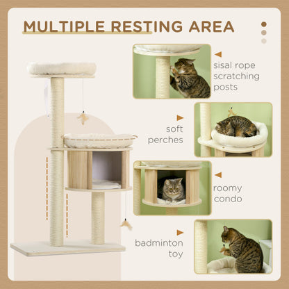 Modern side profile of 3-level wooden cat tree with play features
