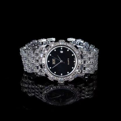Stylish metal band watch with decorative jeweled clasp for a secure fit.