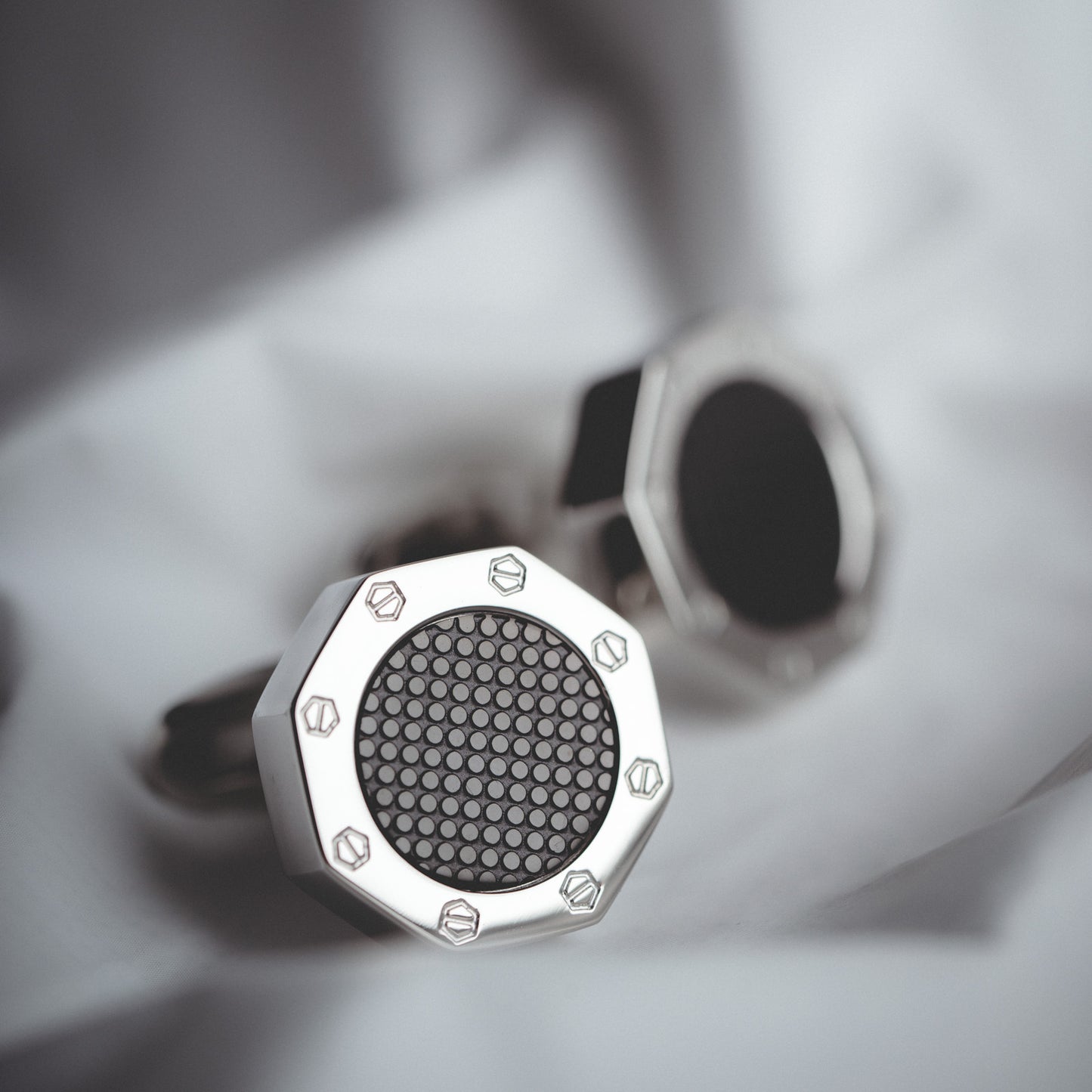 Men’s French Silver Black Cufflinks Styled with a White Business Shirt