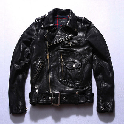 Zoomed-in sleeve detail on minimalist horsehide motorcycle jacket