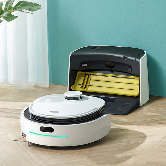 A smart sweeping and mopping robot vacuum cleaning a hardwood floor in a modern living room.