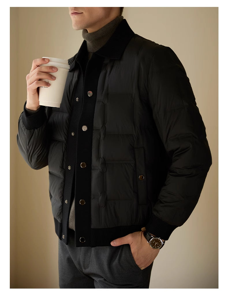 Full outfit view of the men’s high-end black short coat with modern fit