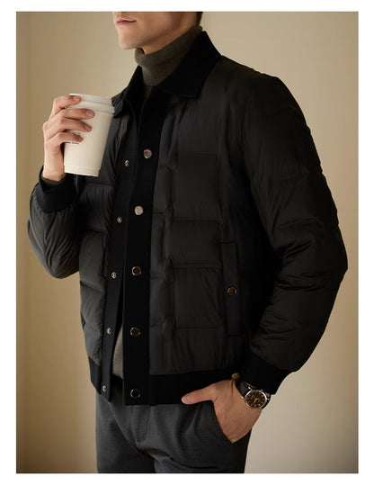 Full outfit view of the men’s high-end black short coat with modern fit