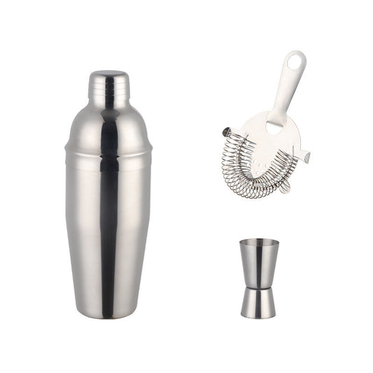 Modern stainless steel cocktail shaker in elegant silver finish, perfect for home and professional use.