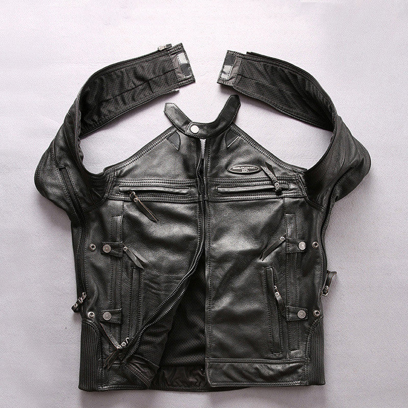 Side profile of a men's stand collar black leather jacket, perfect for casual and motorcycle wear.