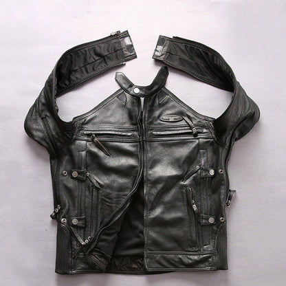 Side profile of a men's stand collar black leather jacket, perfect for casual and motorcycle wear.