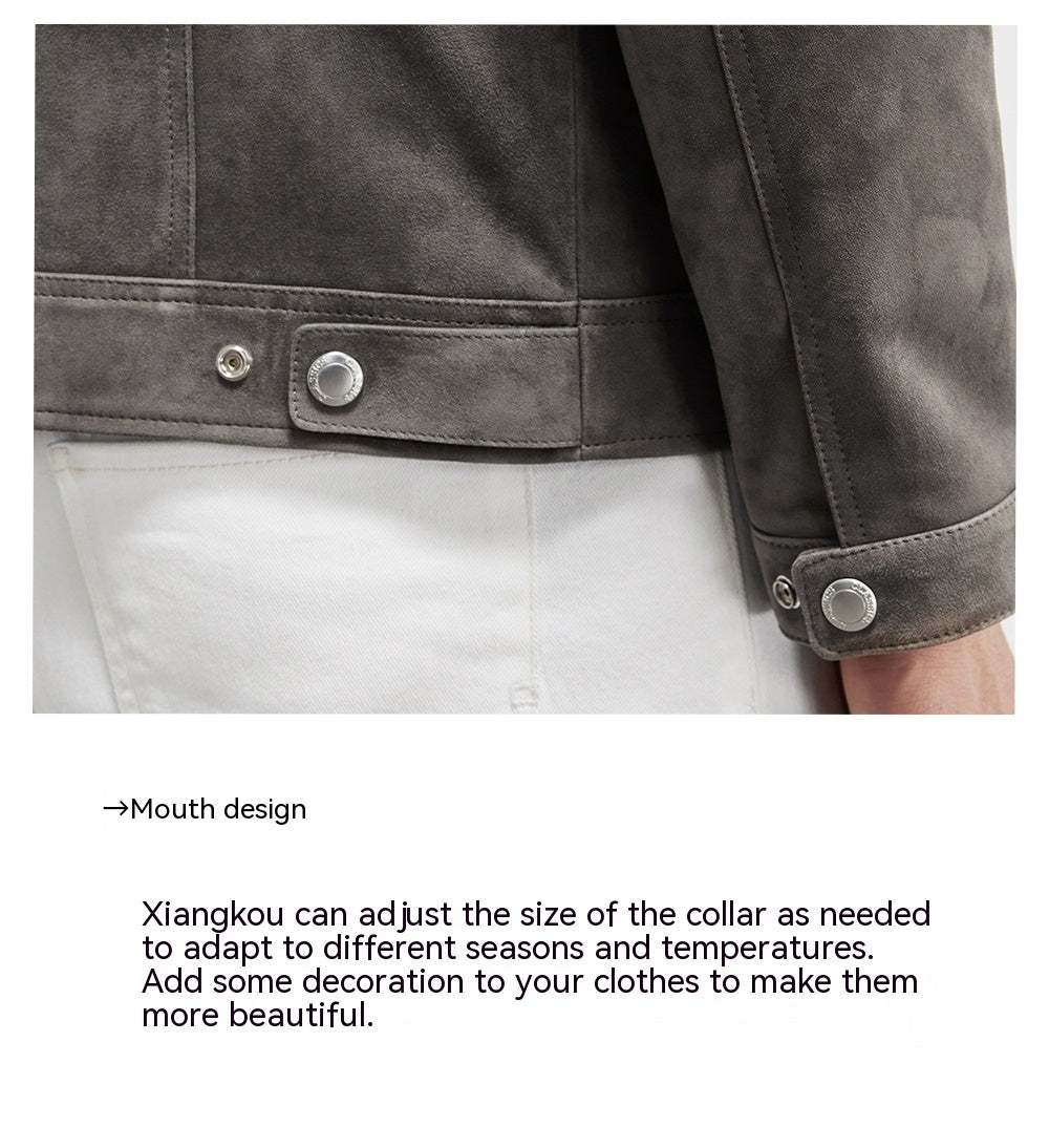Detailed shoulder stitching on graphite lambskin suede jacket