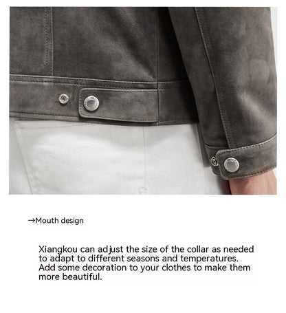 Detailed shoulder stitching on graphite lambskin suede jacket