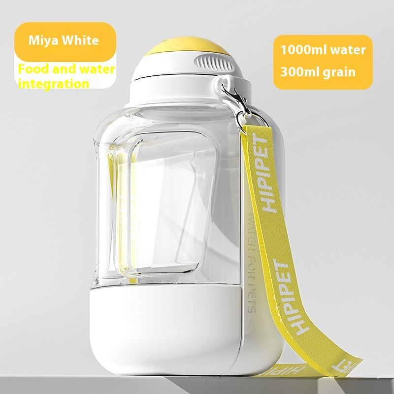 Elegant white dog water bottle with detachable food container for travel.