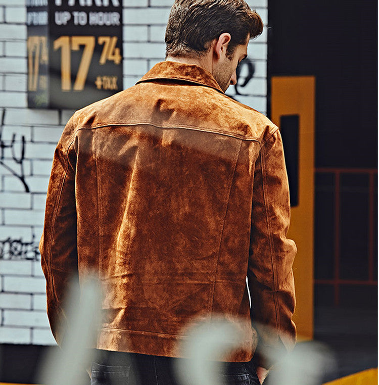 Brown pigskin biker jacket collar close-up for men