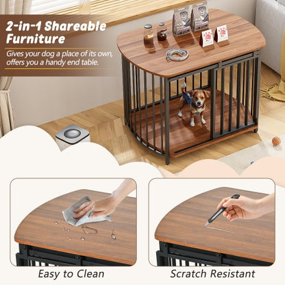 Brown wooden indoor dog crate used as an elegant end table