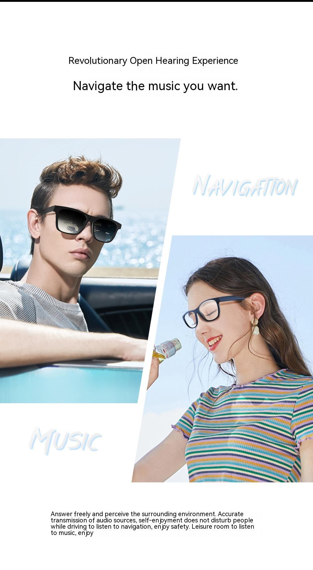 Stylish transparent Bluetooth sunglasses worn by male model