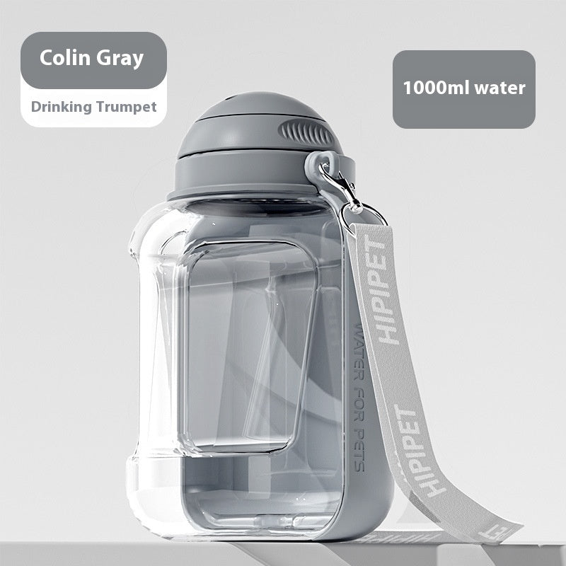 Gray 2-in-1 pet bottle with nylon lanyard for easy carrying.