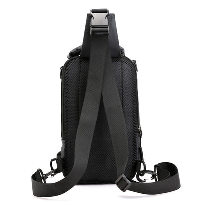 Close-up of built-in USB port on high-capacity men's backpack