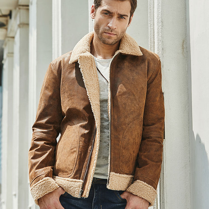 The Vintage Casual American Leather Jacket worn outdoors, perfect for leisure activities.