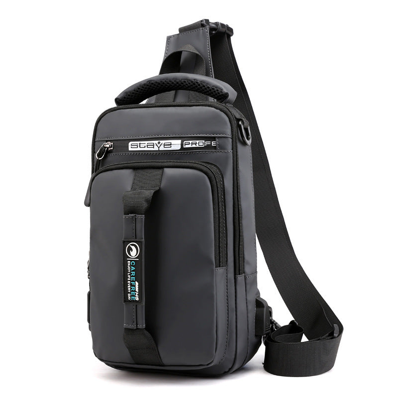 Front-facing image of men’s waterproof backpack with USB charging port