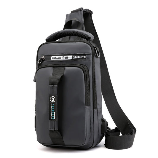 Front-facing image of men’s waterproof backpack with USB charging port