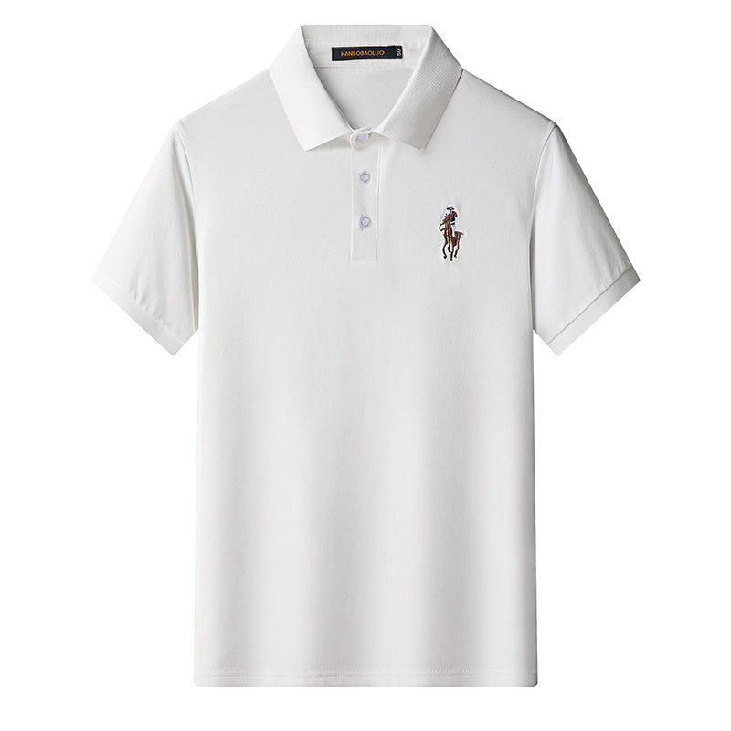 Detailed embroidery on lapel collar of white cotton polo tee