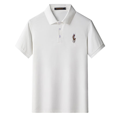 Detailed embroidery on lapel collar of white cotton polo tee
