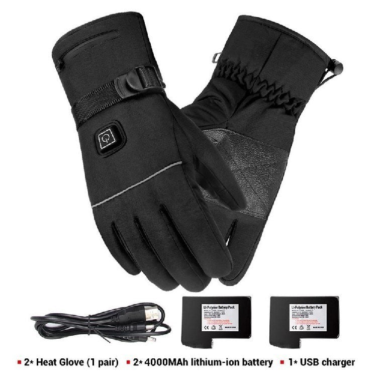 Heated gloves featuring LED indicators for high, medium, and low-temperature settings.